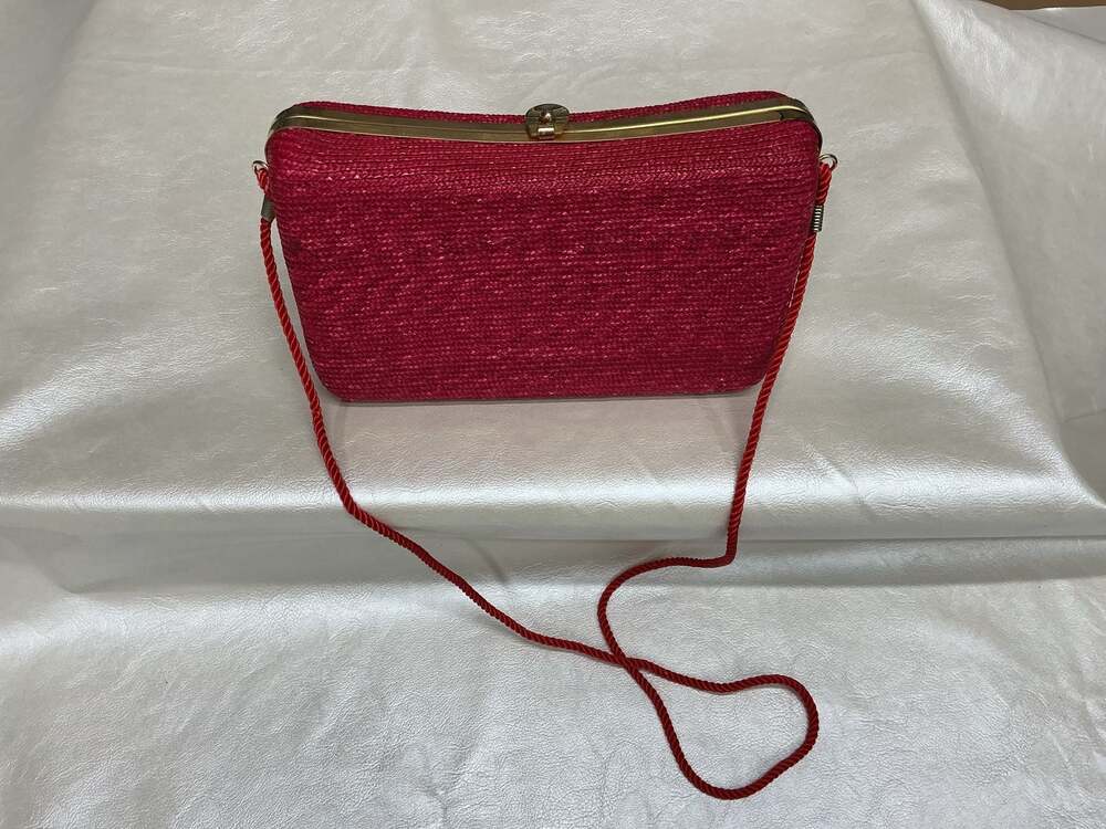 Vintage Red Woven Straw Box Clutch Crossbody Bag with Gold Tone Hardware